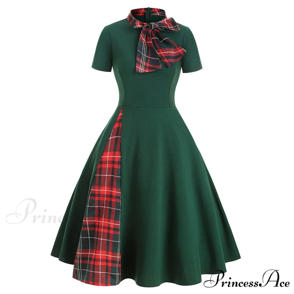 Patchwork Plaid Print Bow Collar Vintage Casual Vestidos Green / S