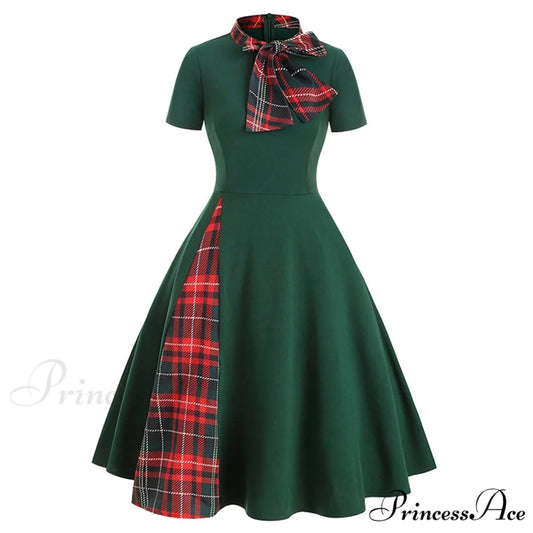 Patchwork Plaid Print Bow Collar Vintage Casual Vestidos Green / S