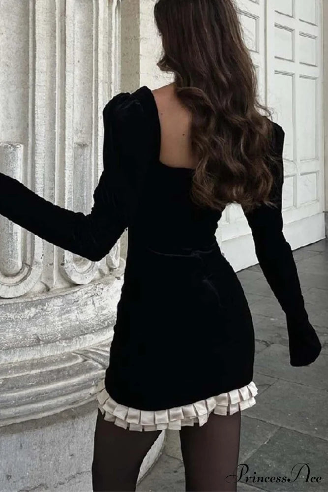 Patchwork Pleated Bodycon Dress with Contrast Black / L