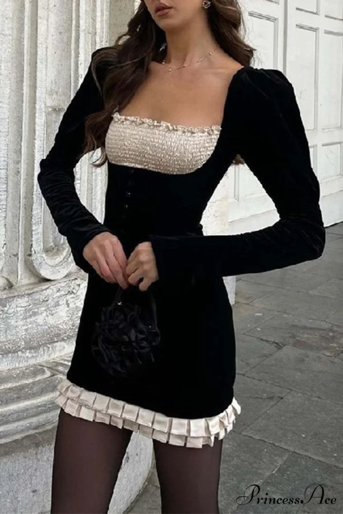 Patchwork Pleated Bodycon Dress with Contrast Black / S