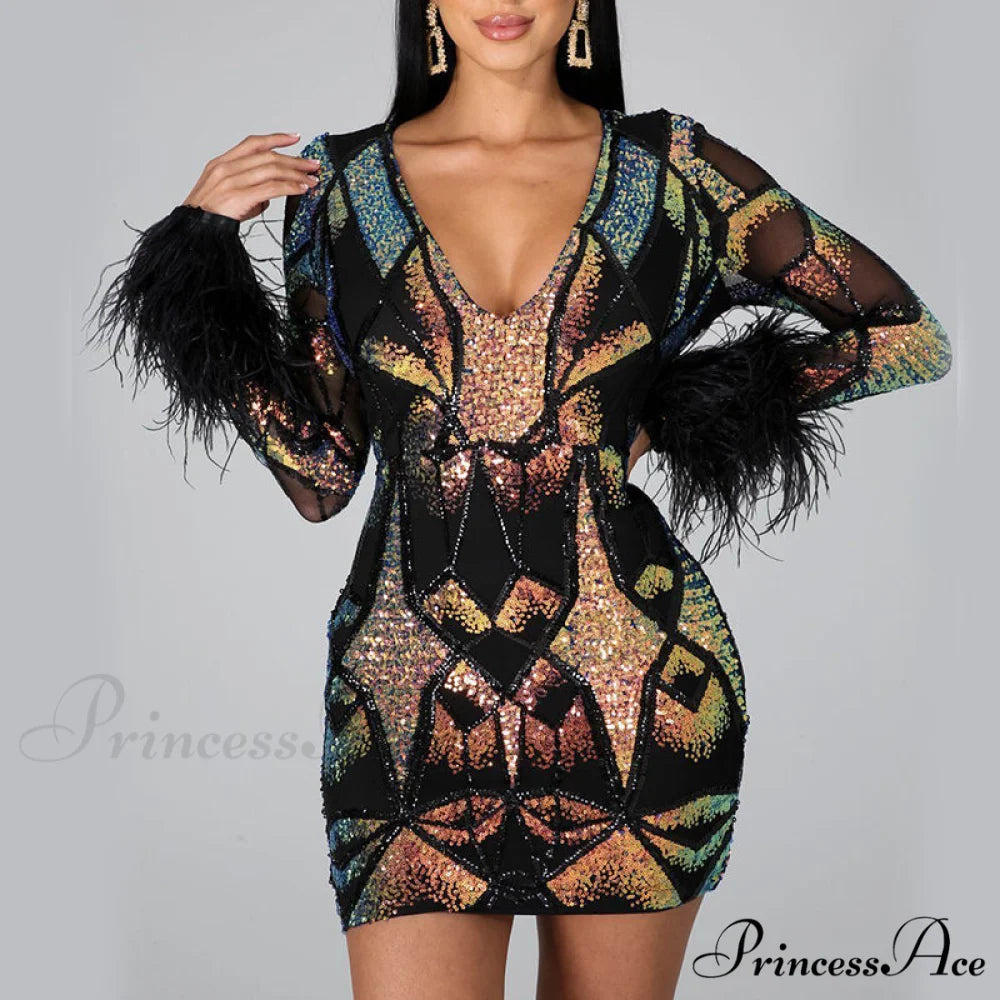 Patchwork Print Skinny Ostrich Feather Sequins Party Dress L / BLACK