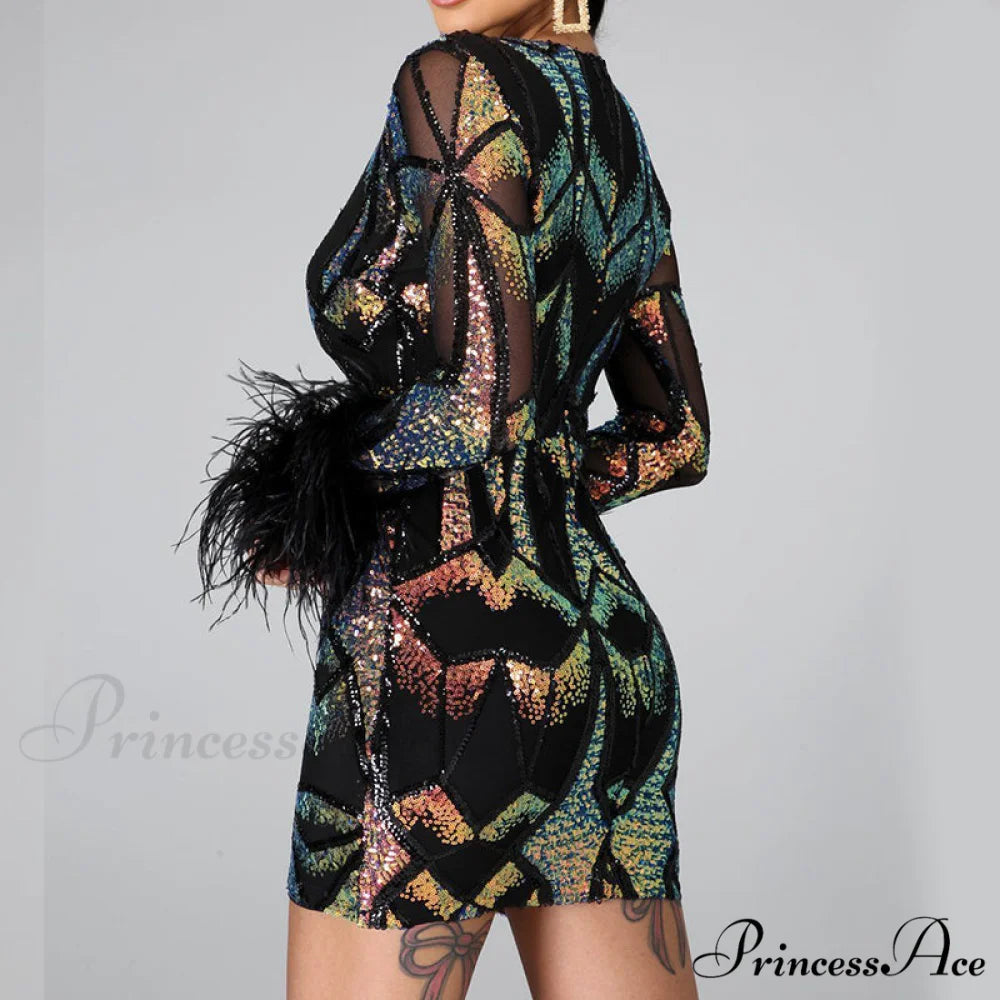Patchwork Print Skinny Ostrich Feather Sequins Party Dress M / BLACK