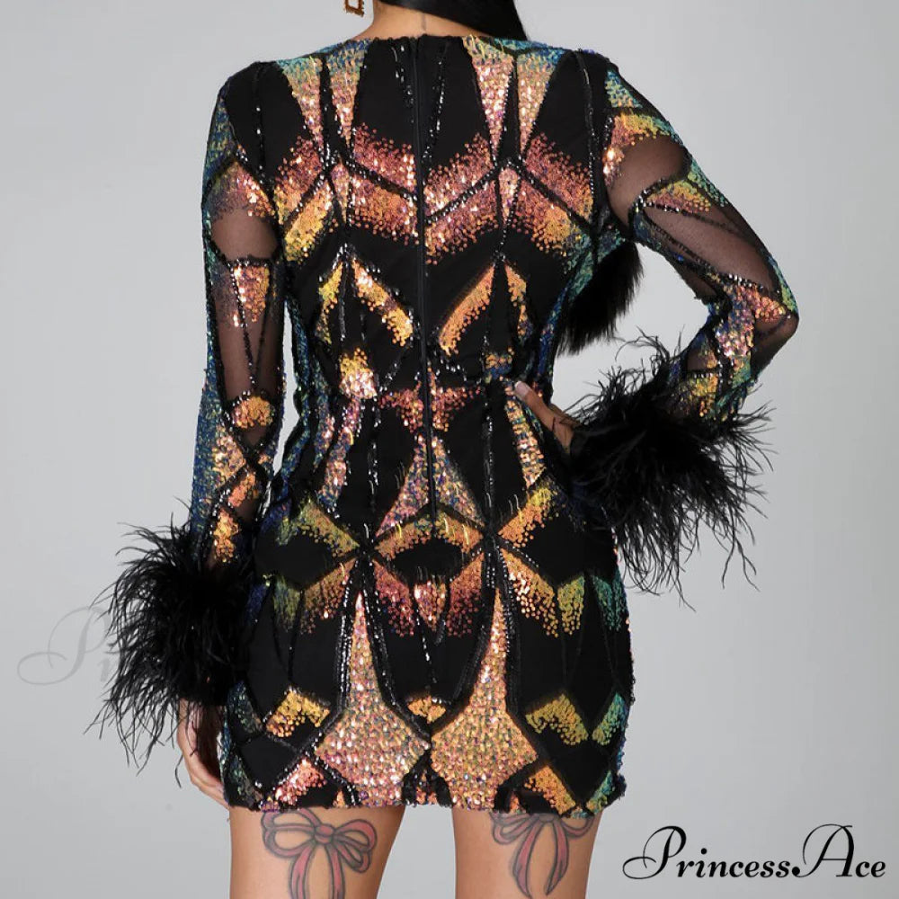 Patchwork Print Skinny Ostrich Feather Sequins Party Dress M / WHITE