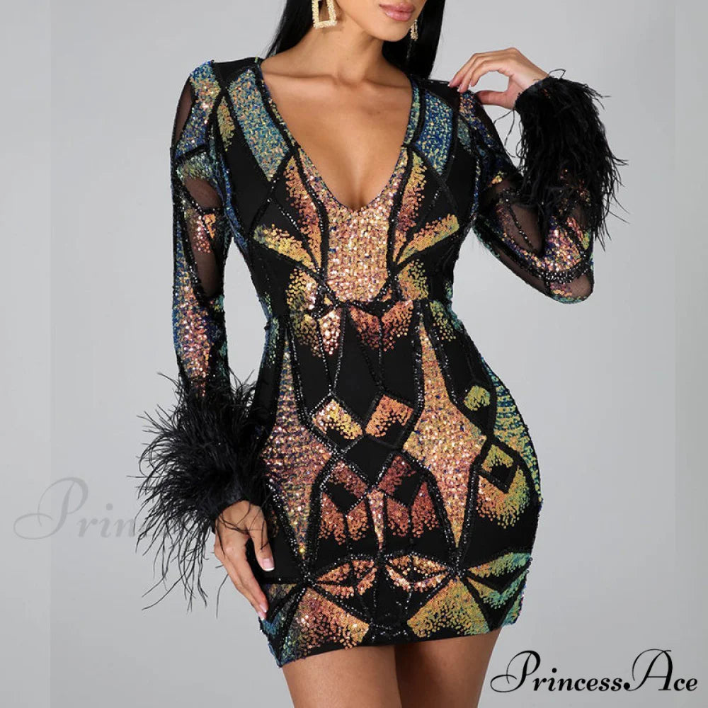 Patchwork Print Skinny Ostrich Feather Sequins Party Dress S / WHITE