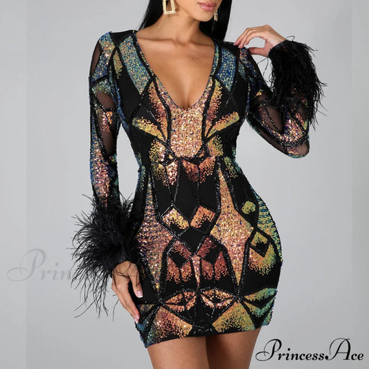 Patchwork Print Skinny Ostrich Feather Sequins Party Dress S / WHITE