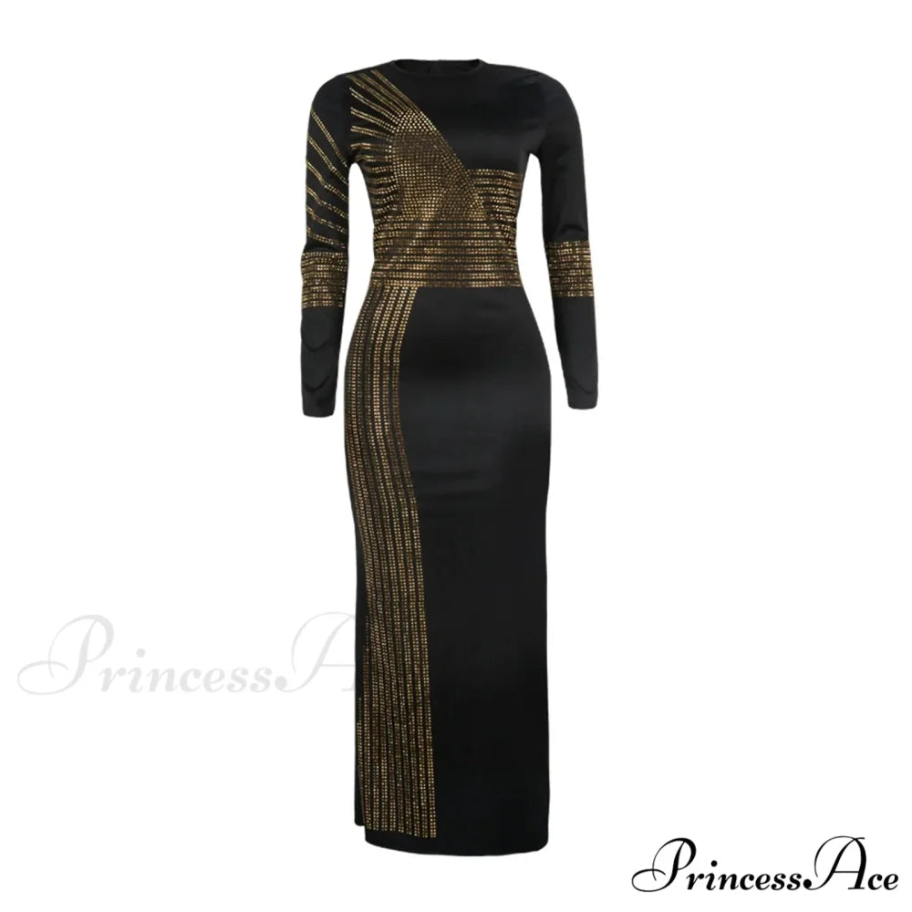 Patchwork Sequin Sheath Skinny High Side Slit O-Neck Long Sleeve Celebrity Bodycon Maxi Lady Vestidos Dress
