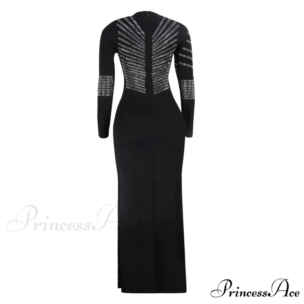 Patchwork Sequin Sheath Skinny High Side Slit O-Neck Long Sleeve Celebrity Bodycon Maxi Lady Vestidos Dress