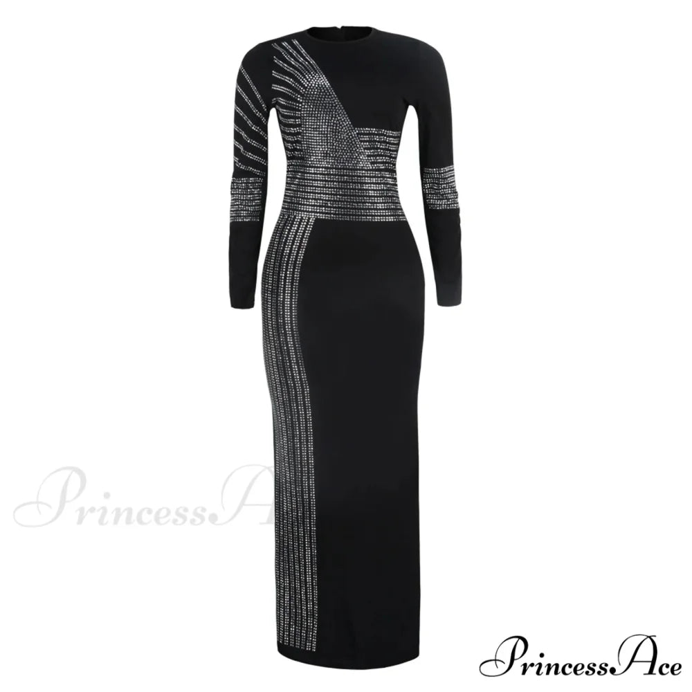 Patchwork Sequin Sheath Skinny High Side Slit O-Neck Long Sleeve Celebrity Bodycon Maxi Lady Vestidos Dress