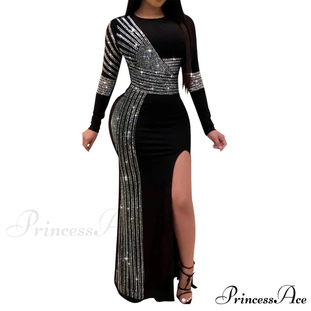 Patchwork Sequin Sheath Skinny High Side Slit O-Neck Long Sleeve Celebrity Bodycon Maxi Lady Vestidos Dress Black / M