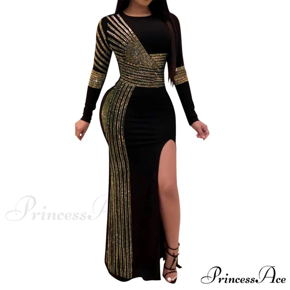 Patchwork Sequin Sheath Skinny High Side Slit O-Neck Long Sleeve Celebrity Bodycon Maxi Lady Vestidos Dress Gold / M