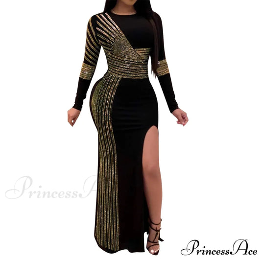 Patchwork Sequin Sheath Skinny High Side Slit O-Neck Long Sleeve Celebrity Bodycon Maxi Lady Vestidos Dress Gold / M