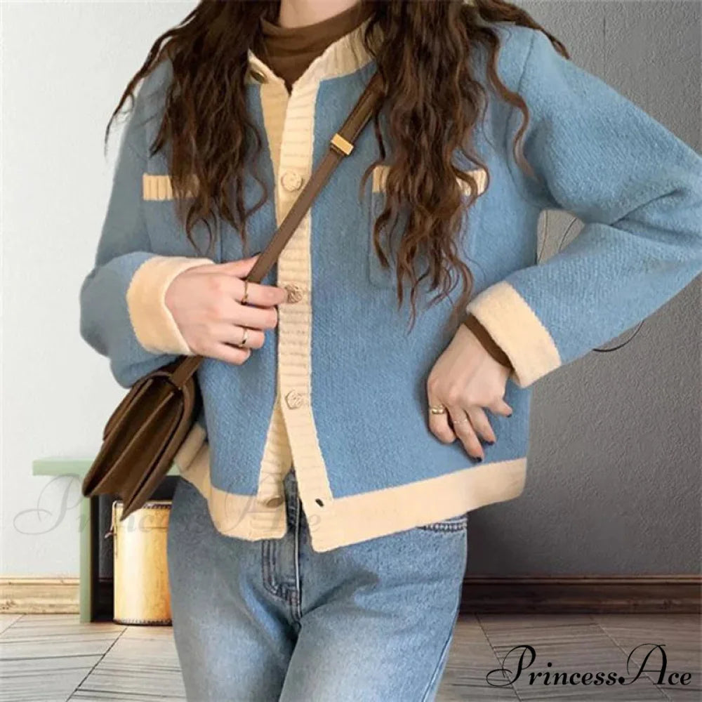 Patchwork Solemn Breasted Knit Prolonged Sleeve Cardigan Blue / One size(40kg-60kg) cardiagn-250126