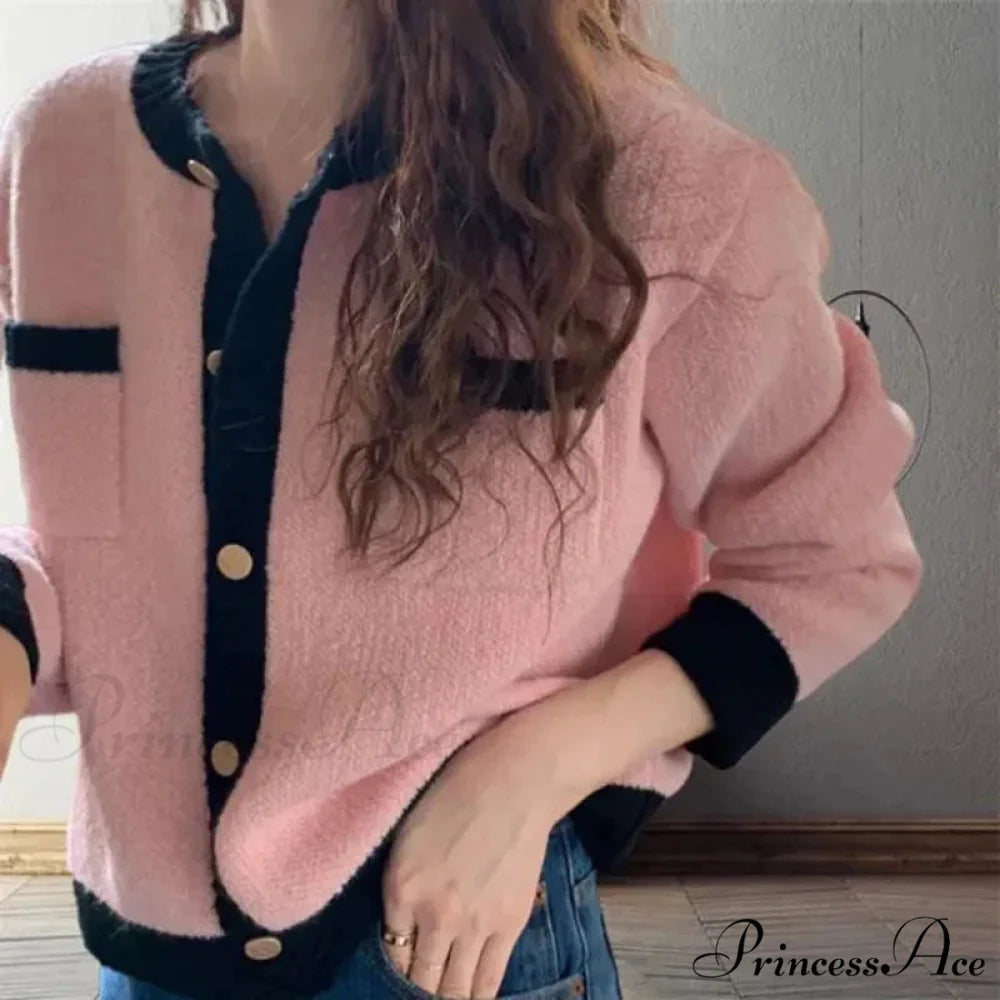 Patchwork Solemn Breasted Knit Prolonged Sleeve Cardigan Pink / One size(40kg-60kg) cardiagn-250126