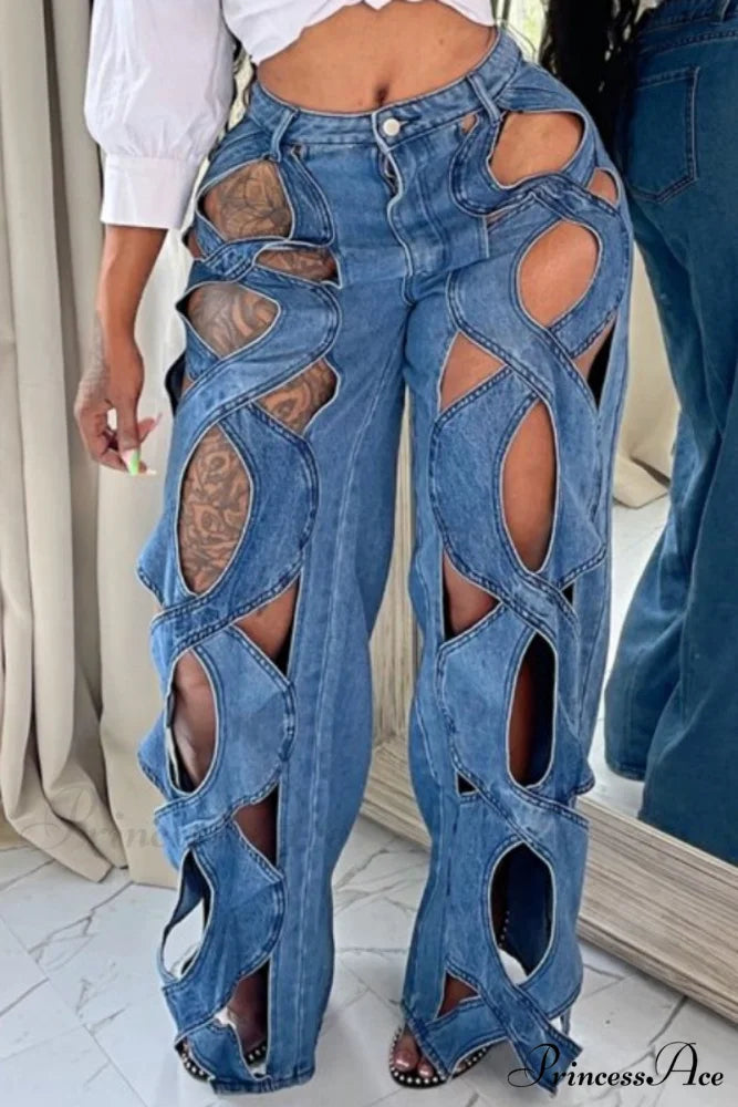 Patchwork Solid High Denim Waist Jeans Blue / S