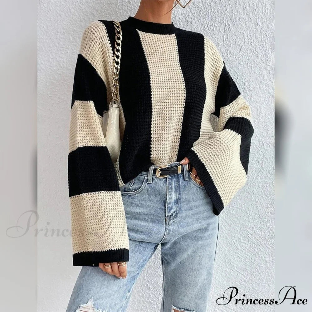 Patchwork Striped Women’s Sweater Beige / S