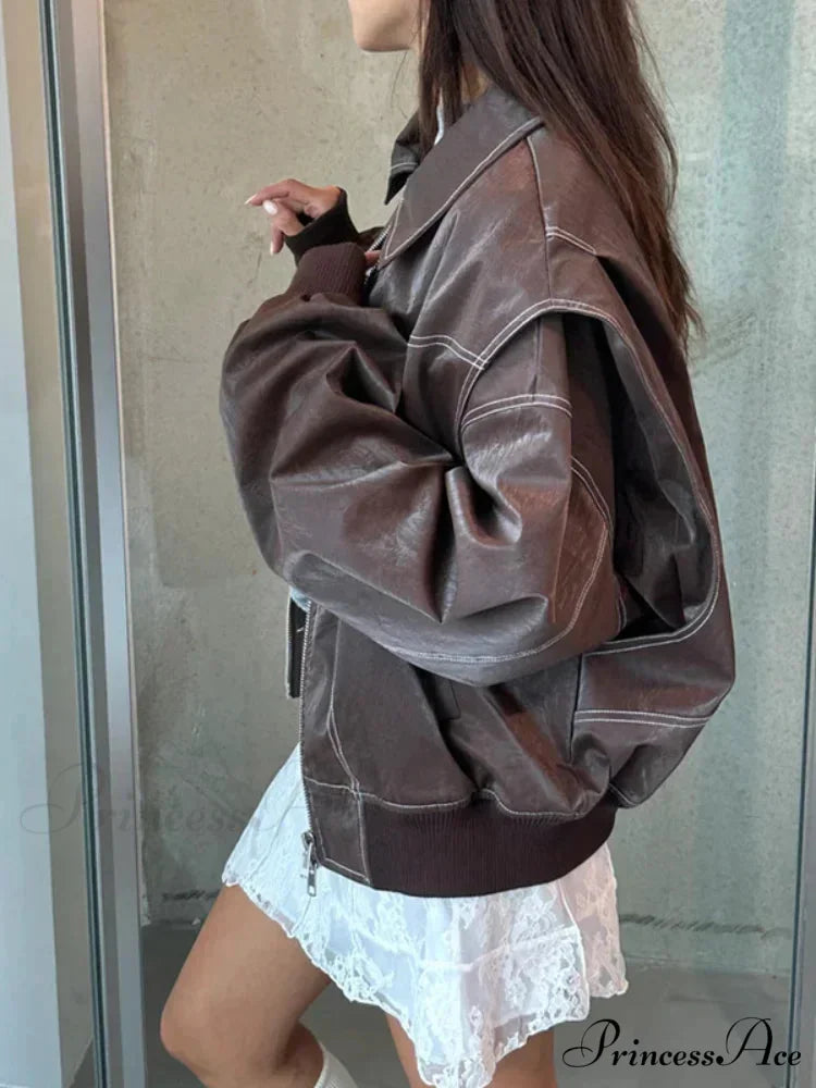 Patchwork Synthetic Leather Brief Jacket coats-241228