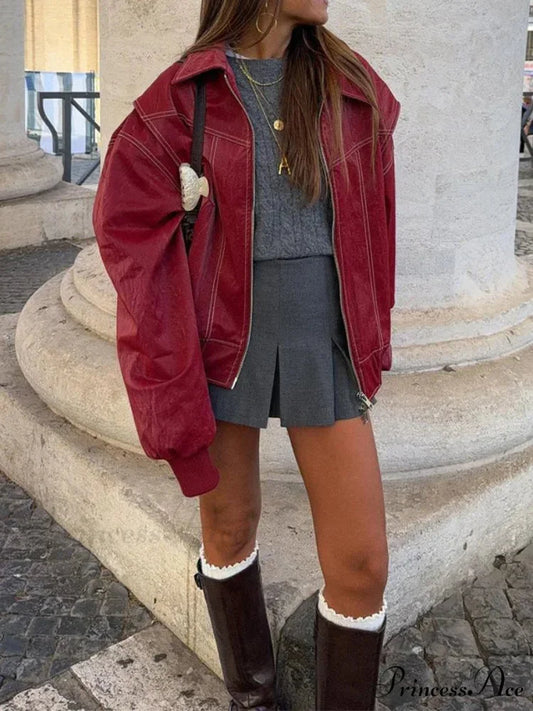 Patchwork Synthetic Leather Brief Jacket coats-241228