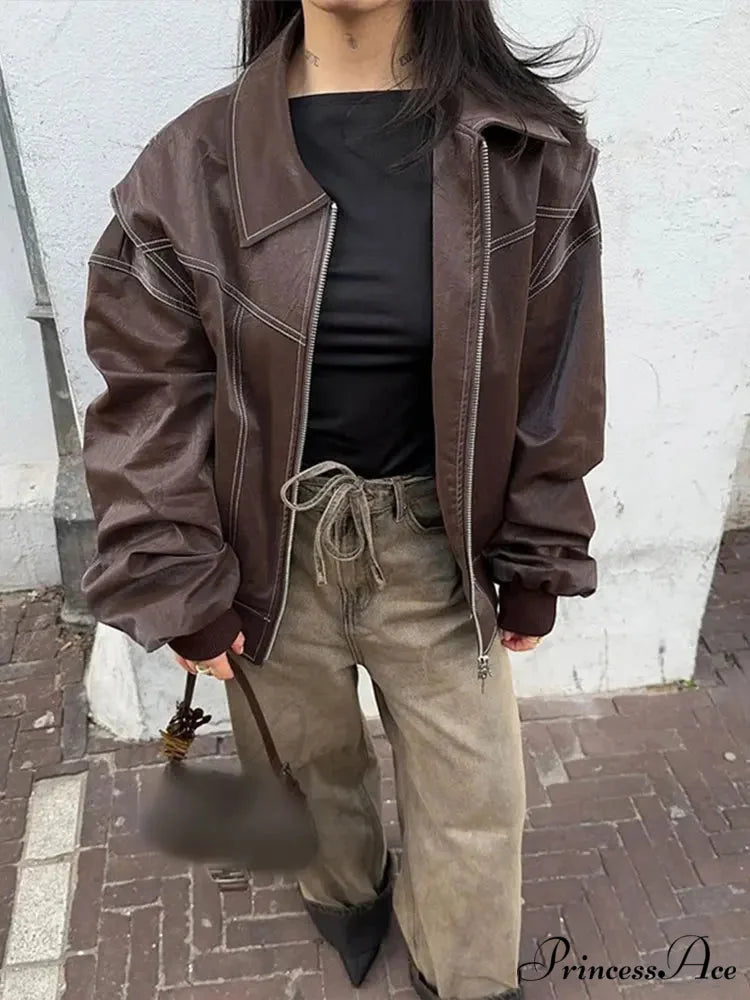 Patchwork Synthetic Leather Brief Jacket Coffee / S coats-241228