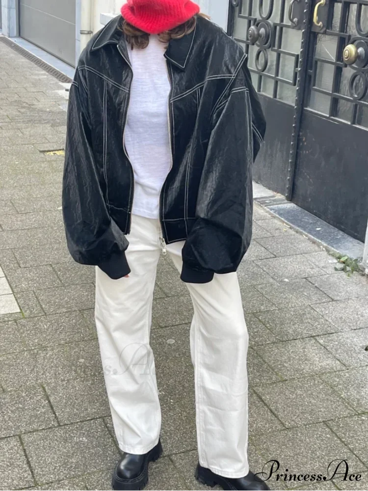 Patchwork Synthetic Leather Brief Jacket Dark blue / S coats-241228