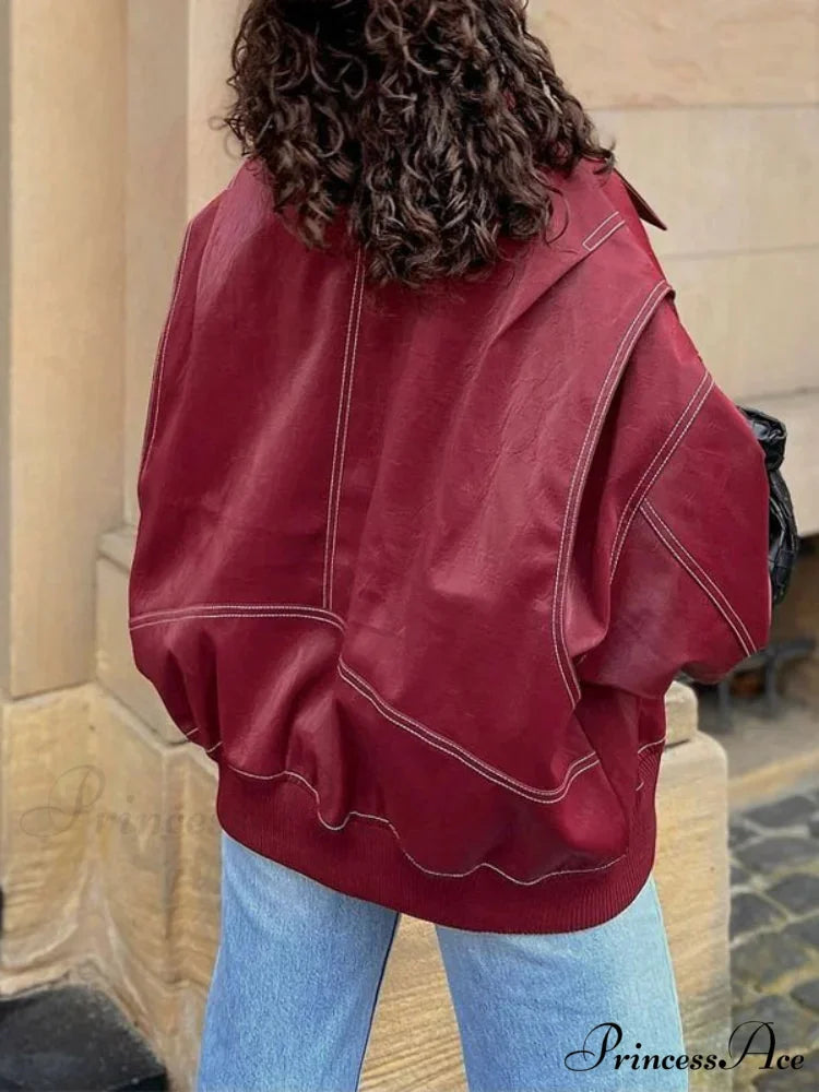 Patchwork Synthetic Leather Brief Jacket Red / S coats-241228
