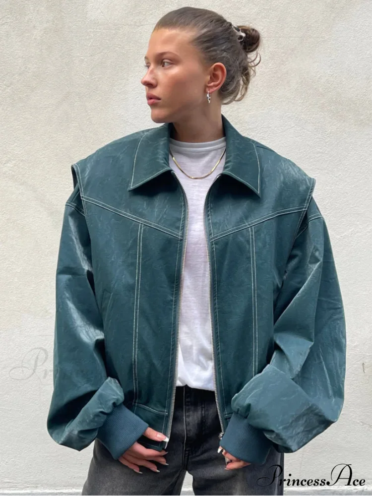 Patchwork Synthetic Leather Brief Jacket turquoise / S coats-241228