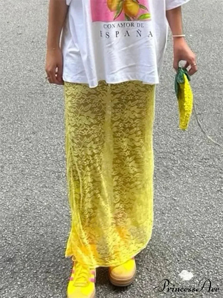 Patchwork Transparent Maxi Skirt Bright Yellow / S skirts-250223