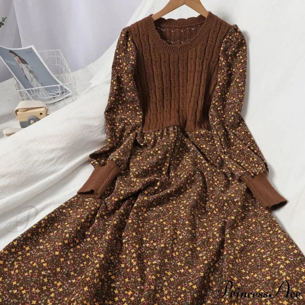 Patchwork Vestidos Sweet Korean Long Dress Brown / S