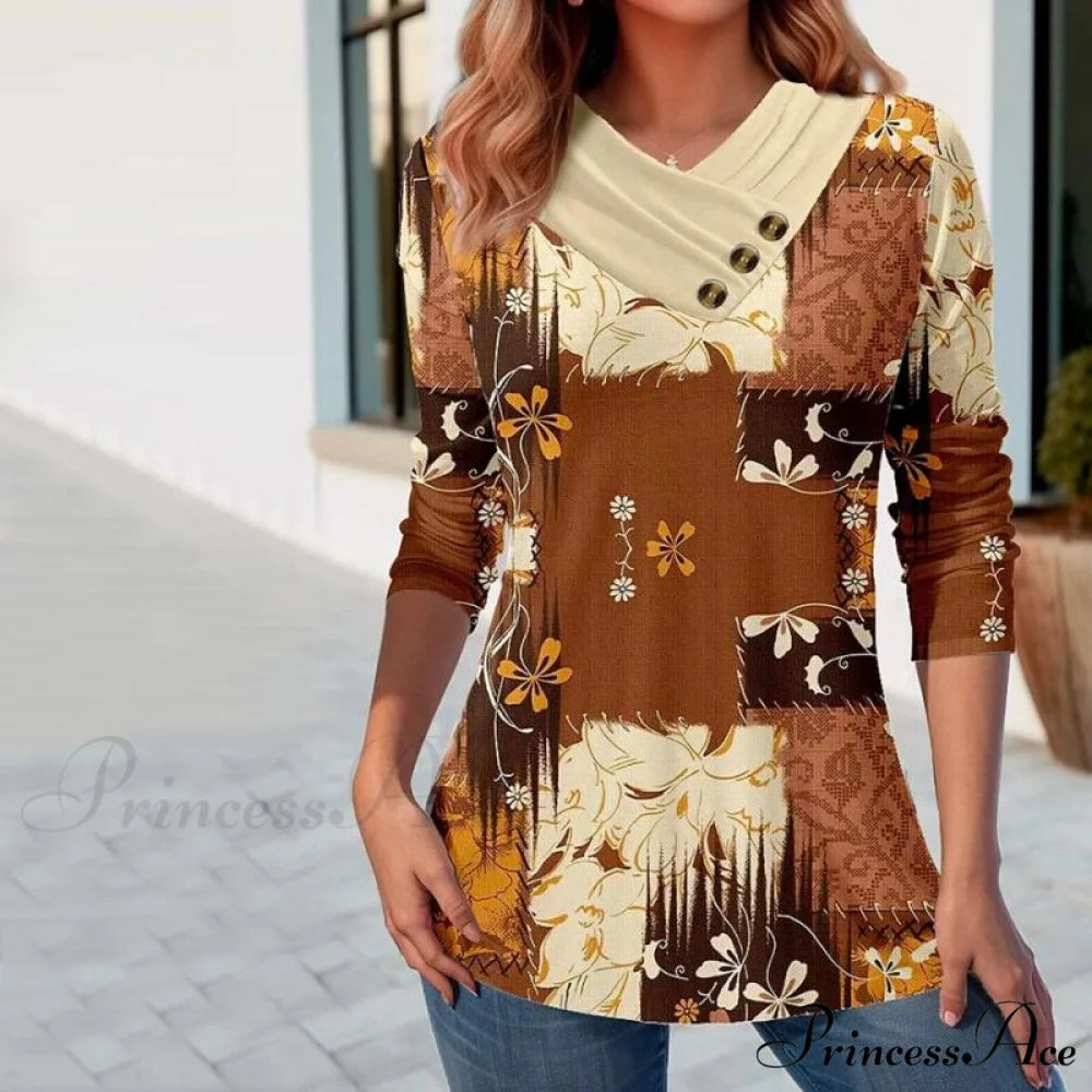 Pattern Flower Retro Top Brown / S