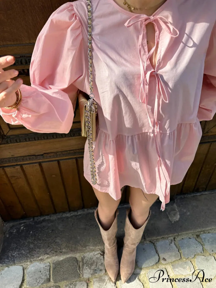 Patterned Baggy Lace-Up Circular Neck Blouse blouse-250126