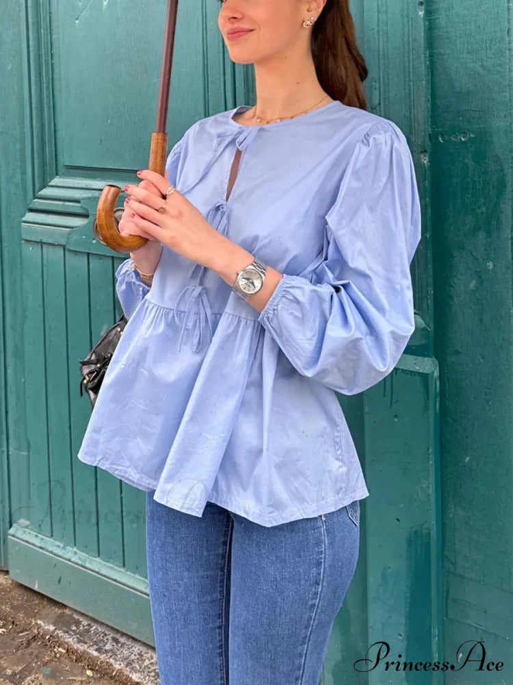 Patterned Baggy Lace-Up Circular Neck Blouse blouse-250126