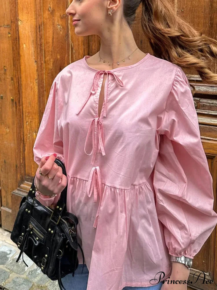 Patterned Baggy Lace-Up Circular Neck Blouse blouse-250126