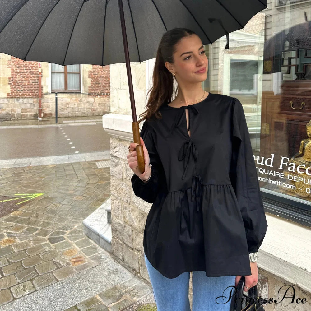 Patterned Baggy Lace-Up Circular Neck Blouse Black / S blouse-250126