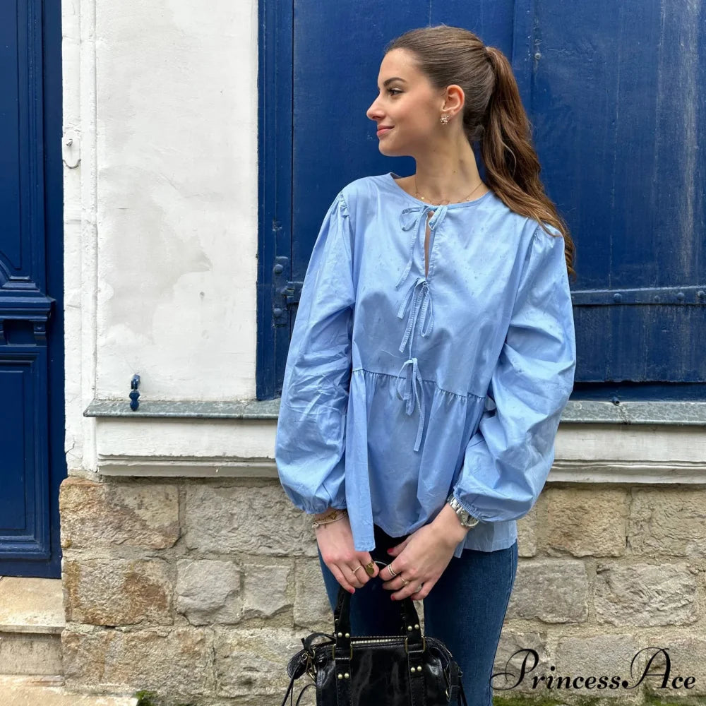 Patterned Baggy Lace-Up Circular Neck Blouse Blue / S blouse-250126