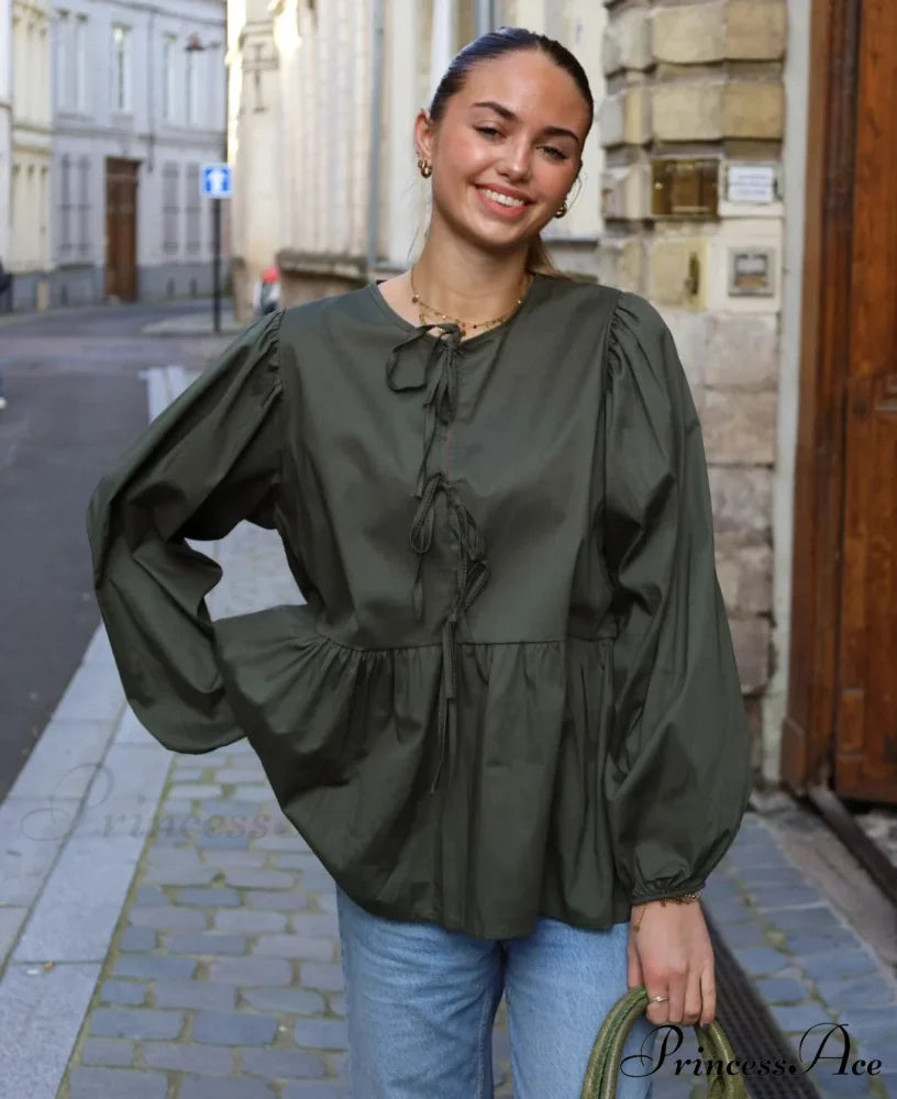Patterned Baggy Lace-Up Circular Neck Blouse Dark Green / S blouse-250126