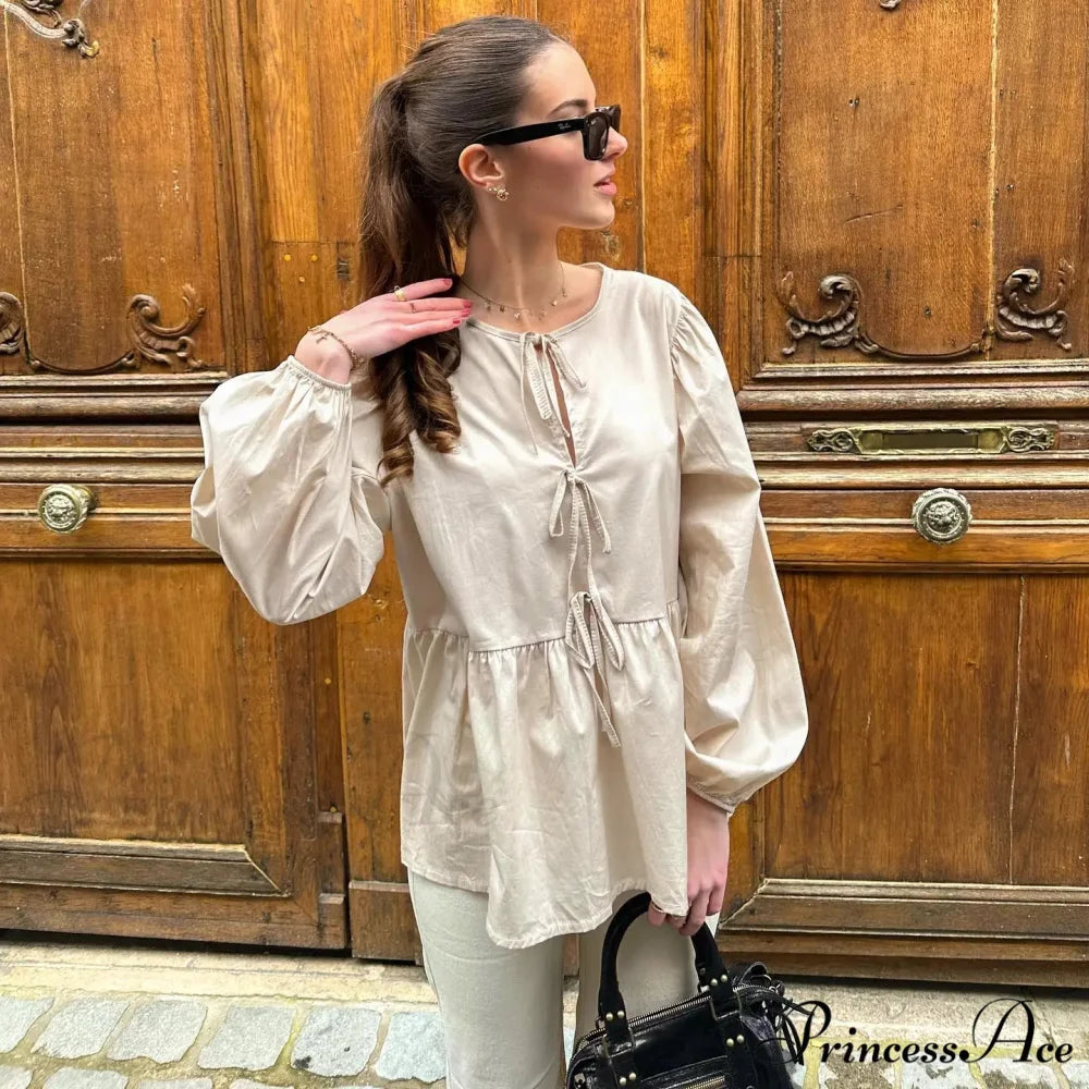 Patterned Baggy Lace-Up Circular Neck Blouse Khaki / S blouse-250126