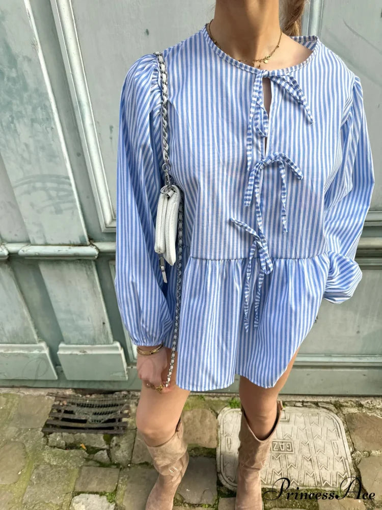 Patterned Baggy Lace-Up Circular Neck Blouse Light Blue / S blouse-250126