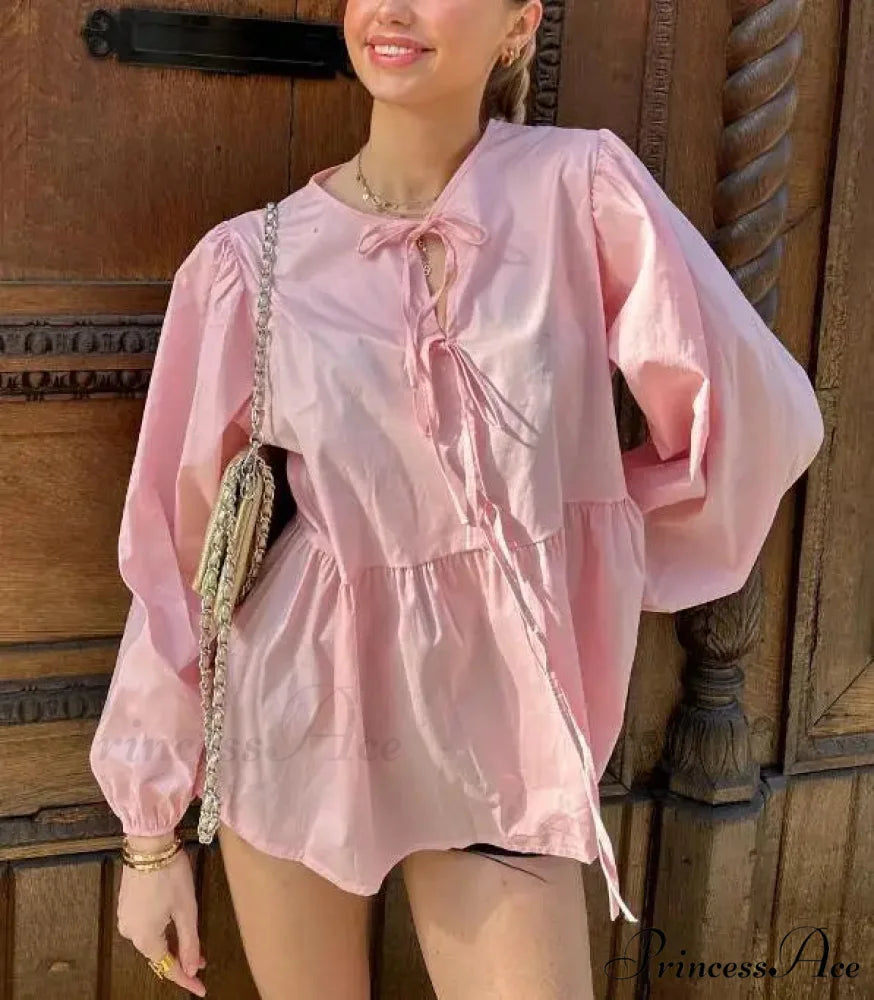 Patterned Baggy Lace-Up Circular Neck Blouse Pink / S blouse-250126