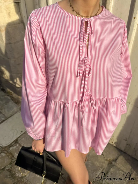 Patterned Baggy Lace-Up Circular Neck Blouse pink / S blouse-250126