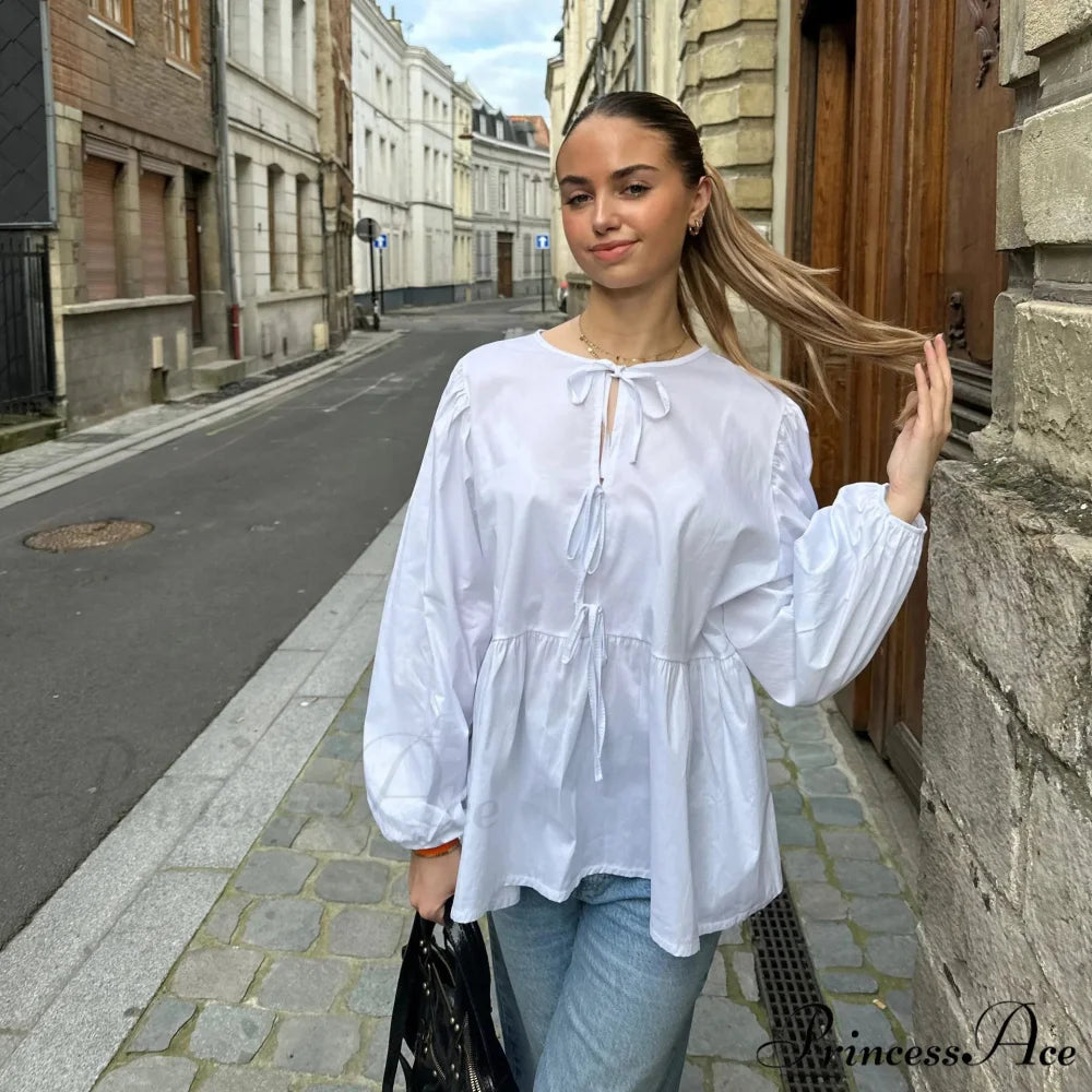 Patterned Baggy Lace-Up Circular Neck Blouse WHITE / S blouse-250126