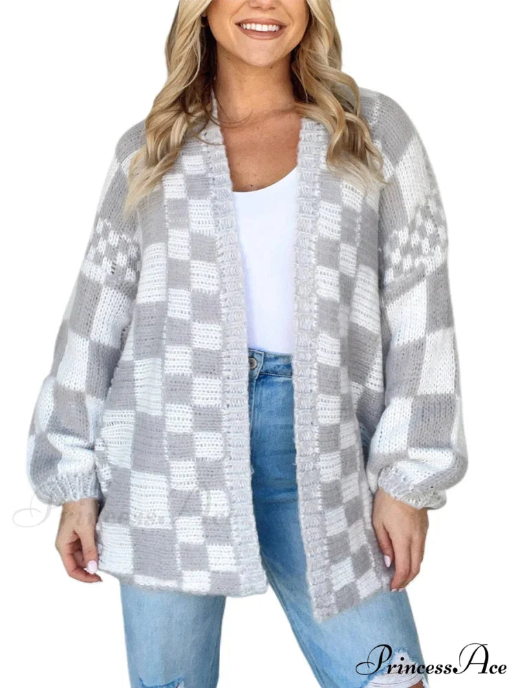 Patterned Baggy Long Sleeve Open Front Cardigan GRAY / S cardigans-241228