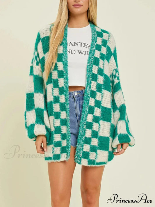 Patterned Baggy Long Sleeve Open Front Cardigan Green / S cardigans-241228