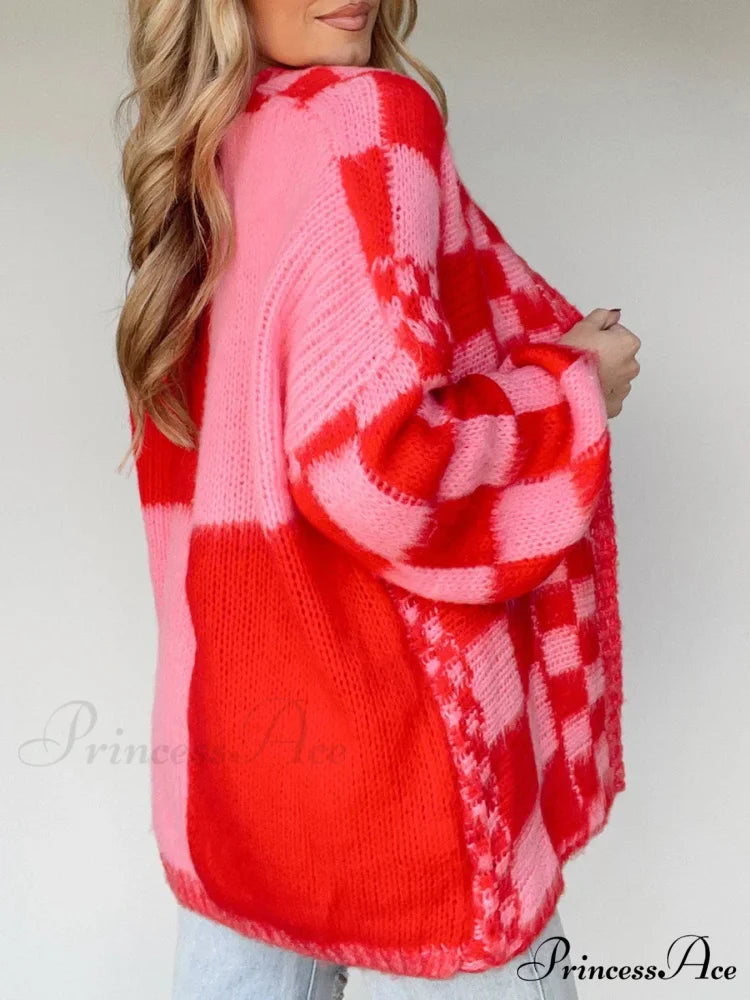 Patterned Baggy Long Sleeve Open Front Cardigan Pink / S cardigans-241228