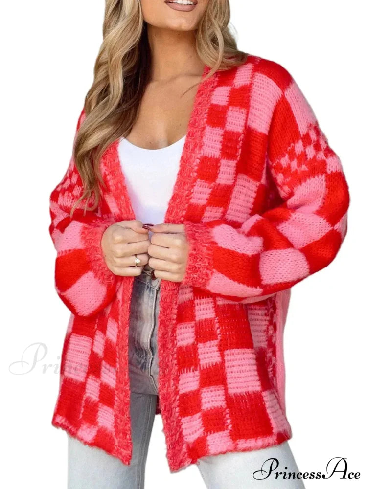 Patterned Baggy Long Sleeve Open Front Cardigan Red / S cardigans-241228