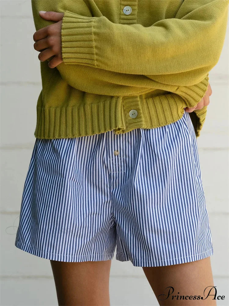 Patterned Button Tall Waist Short blue / S short-250223