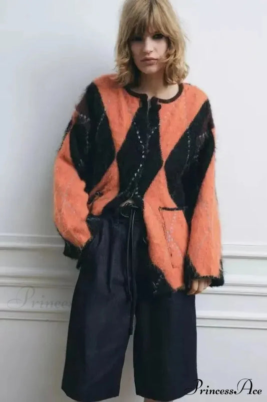 Patterned Circular Neck Extended Sleeve Cardigan CORAL RED / S cardigans-241228