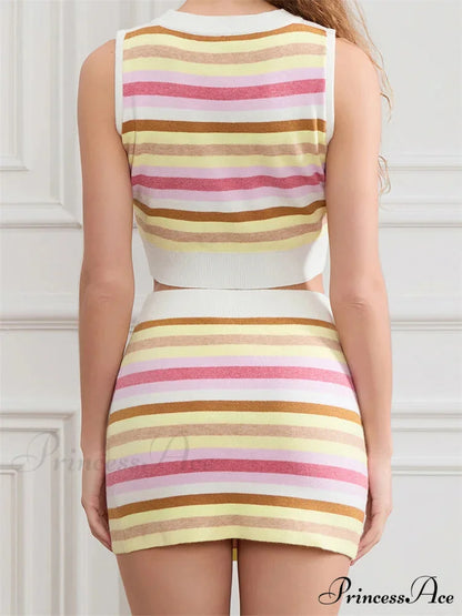 Patterned Circular Neck Sleeveless Cropped Tank Top with Mini Skirt Set twopiecesset-250126