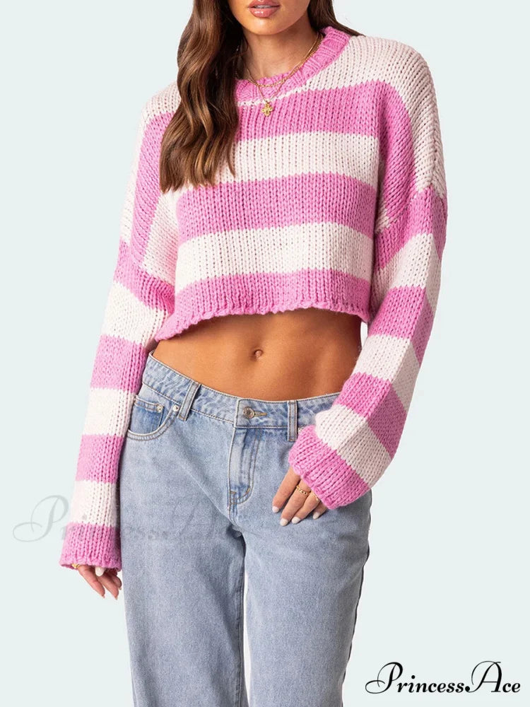 Patterned Crew Neck Baggy Jumper Pink / S swraters-241228