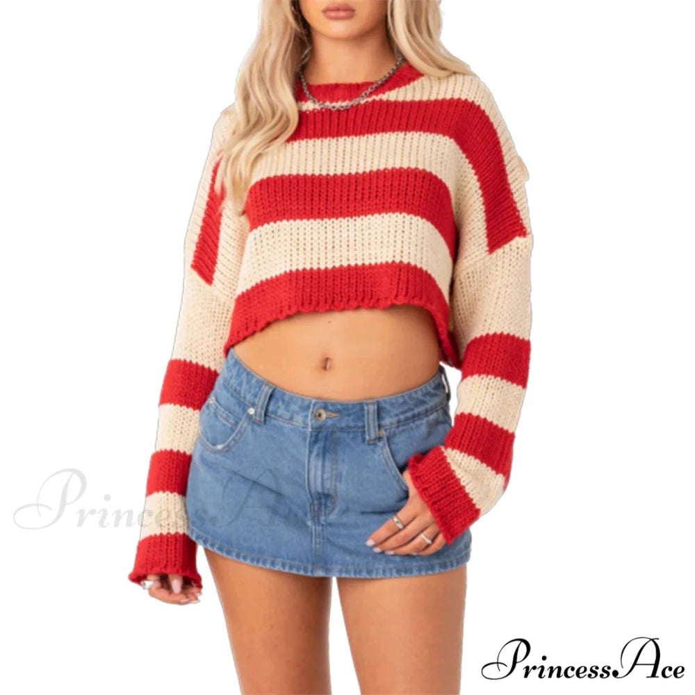 Patterned Crew Neck Baggy Jumper Red / S swraters-241228