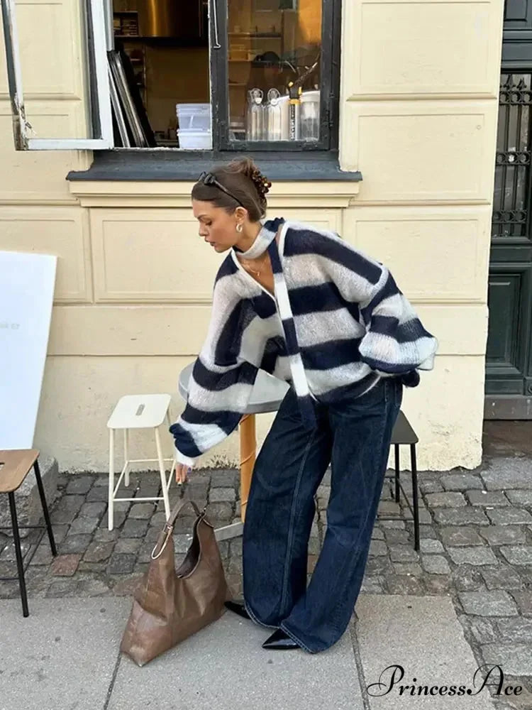 Patterned Different-colored V-neck Baggy Cardigan cardigans-241228