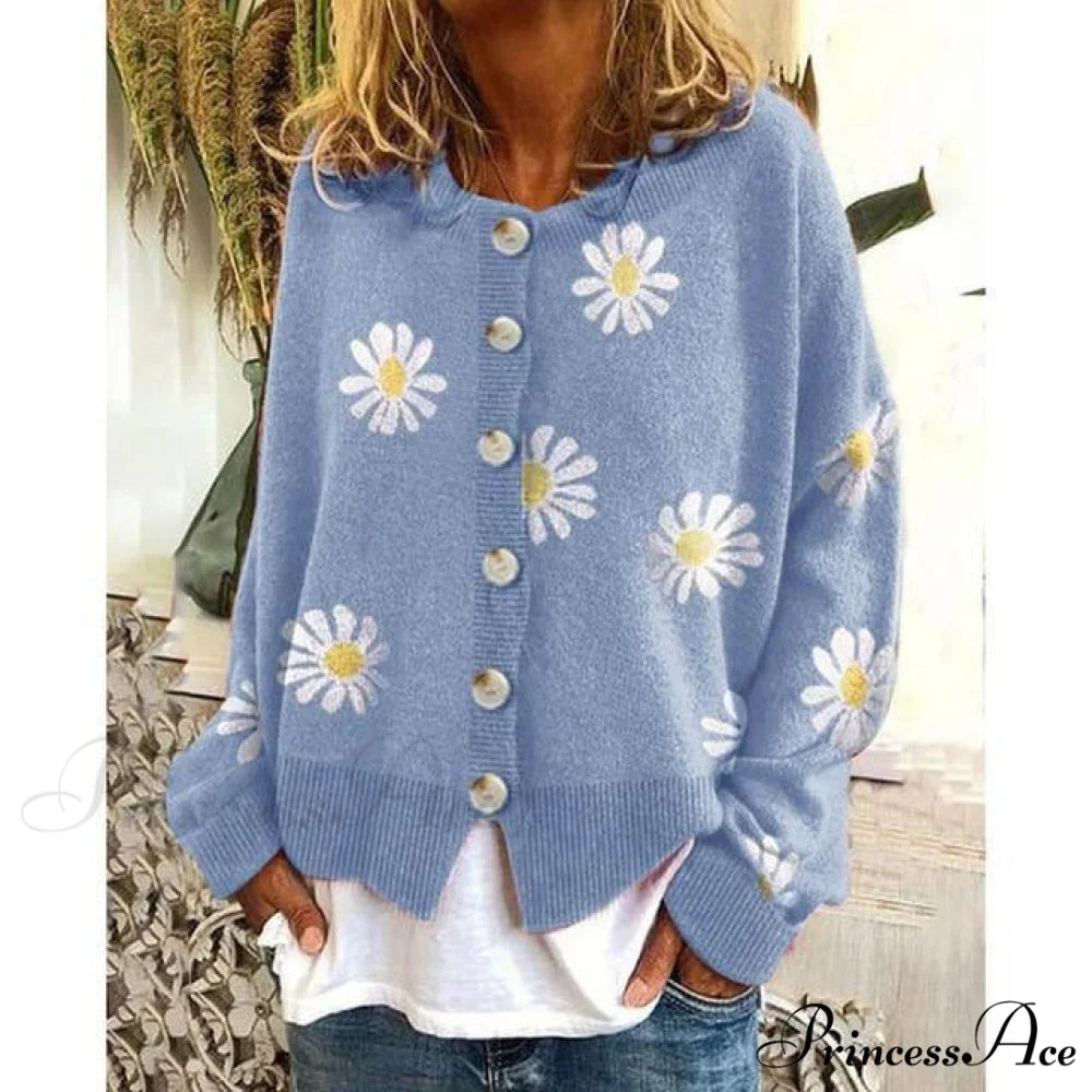 Patterned Elegant Knitted Coat Blue / S